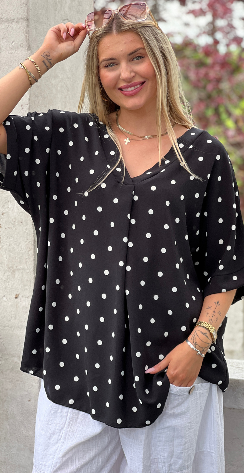 Channie bluse med v-hals og prikker sort LikeLondon