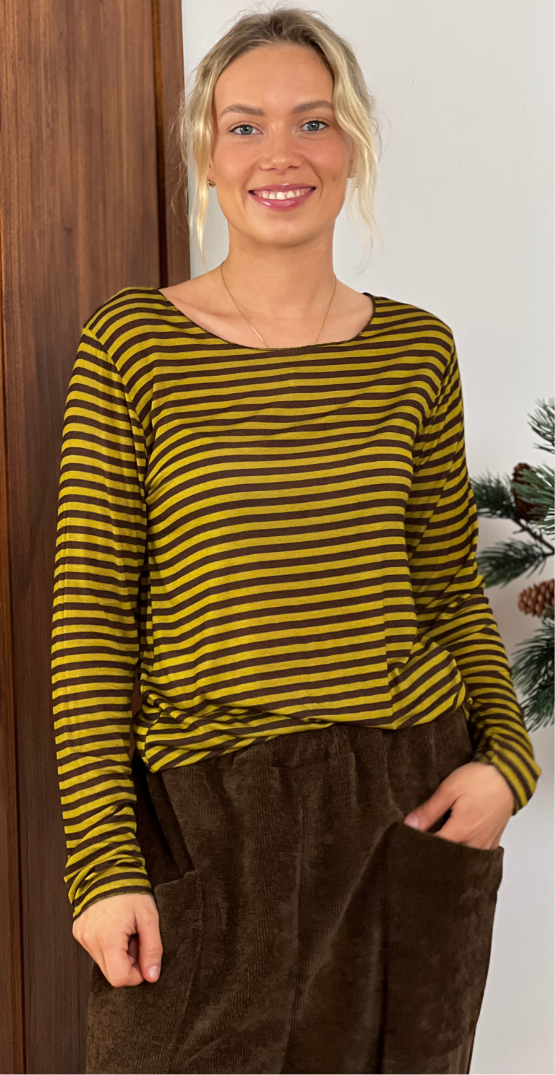 Sabrina basisbluse med striber mustard/brun LikeLondon