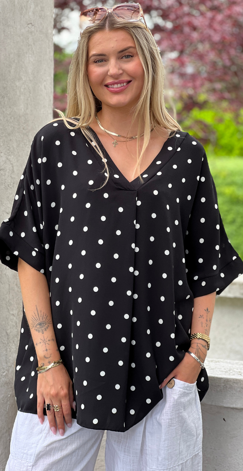 Channie bluse med v-hals og prikker sort LikeLondon