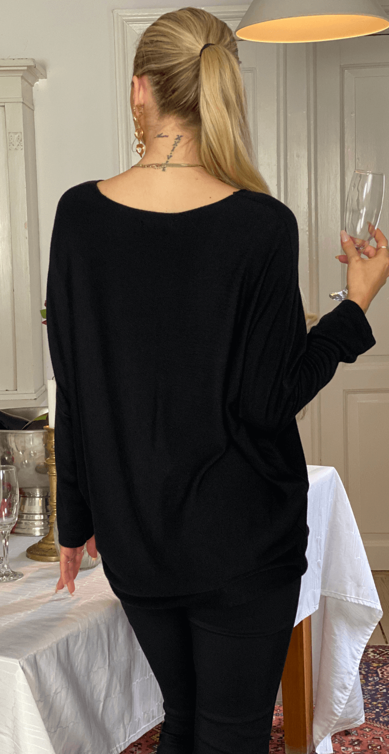 Madelene strikbluse med champagneglas i pailletter sort Likelondon