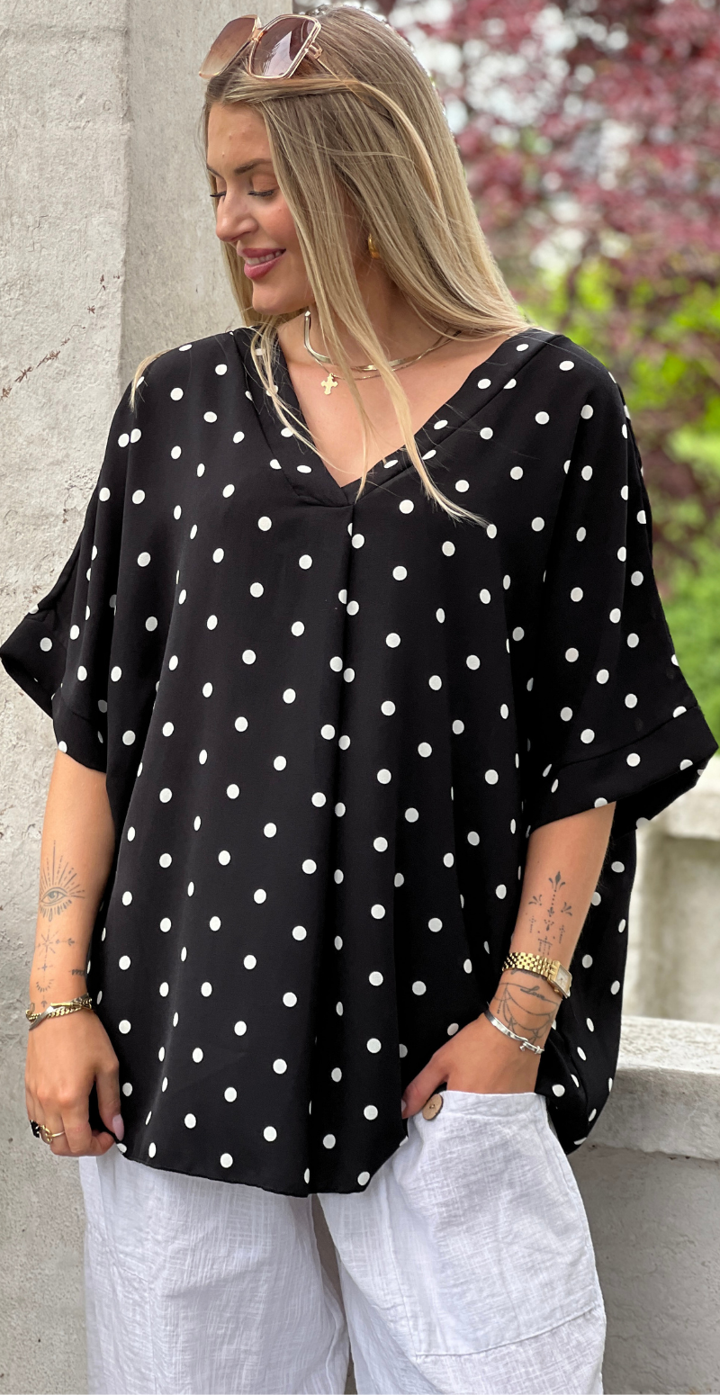 Channie bluse med v-hals og prikker sort LikeLondon