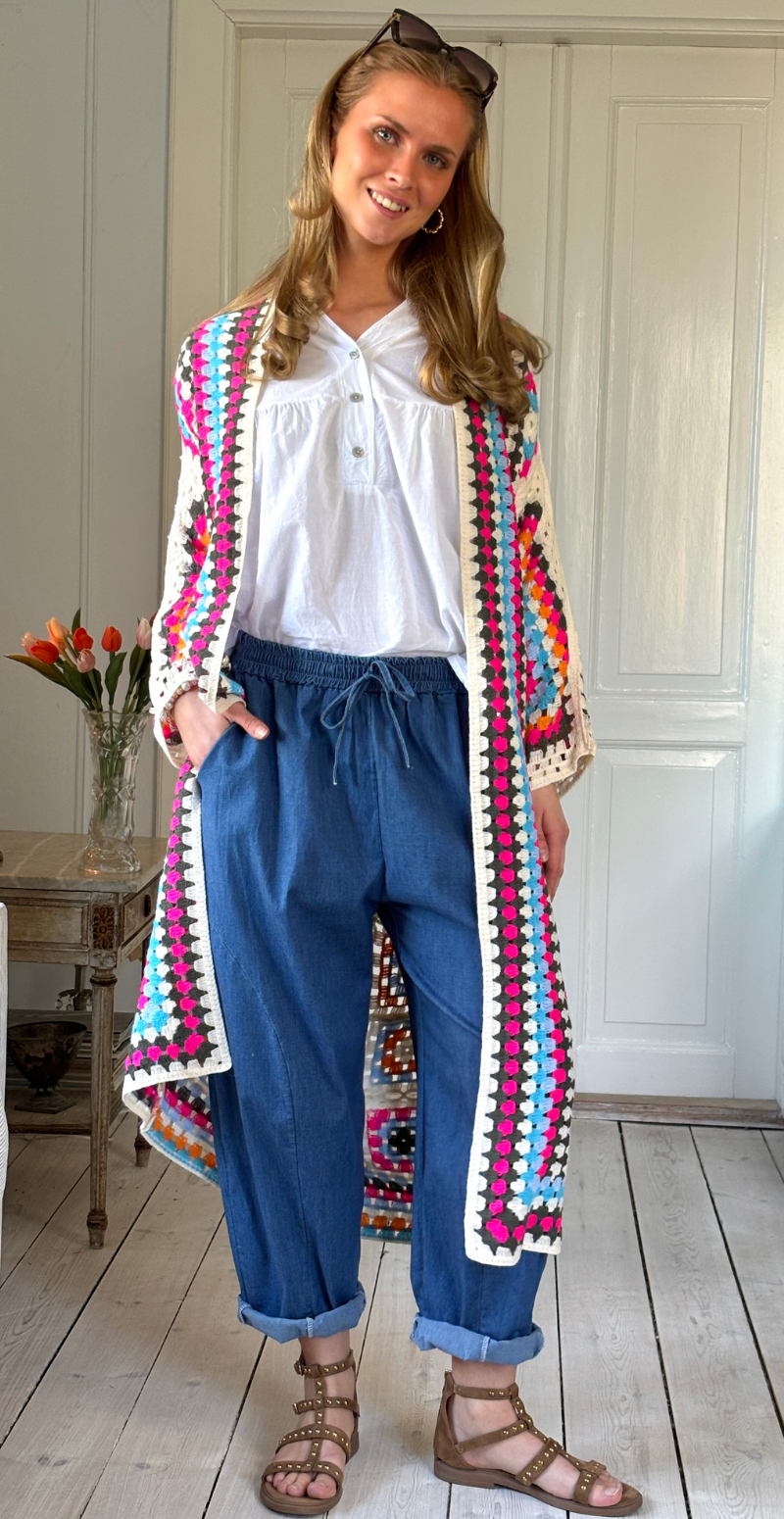 Libba lang cardigan med hæklet mønster pink/orange LikeLondon
