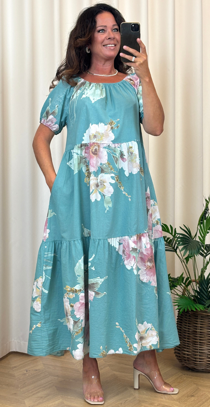 Odessa kjole med peplum og blomster print aqua LikeLondon