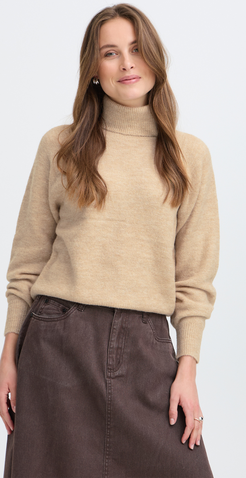 Monna strikbluse med rullekrave humus melange B.young