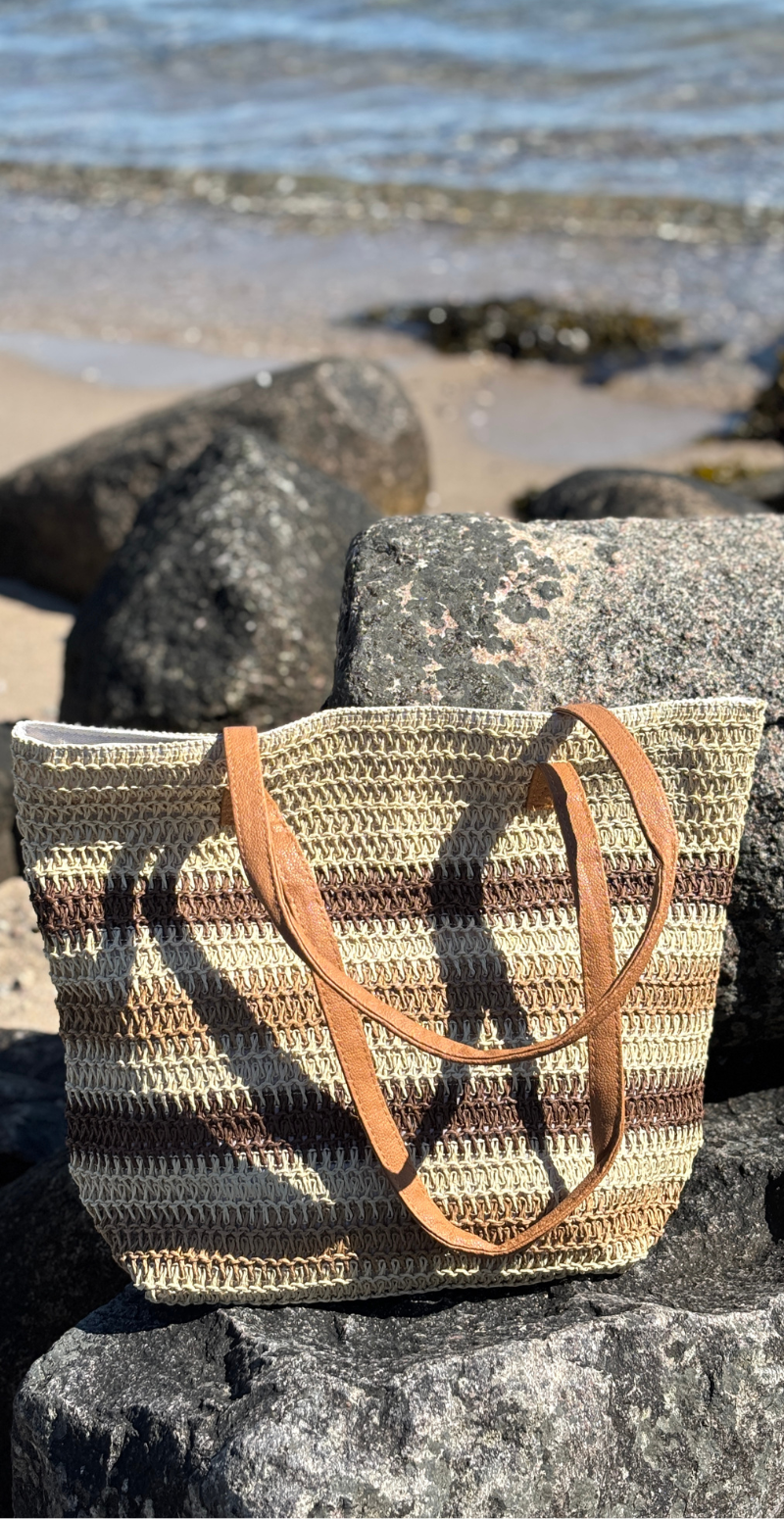 Flettaske med striber og lynlås brun/sand LikeLondon