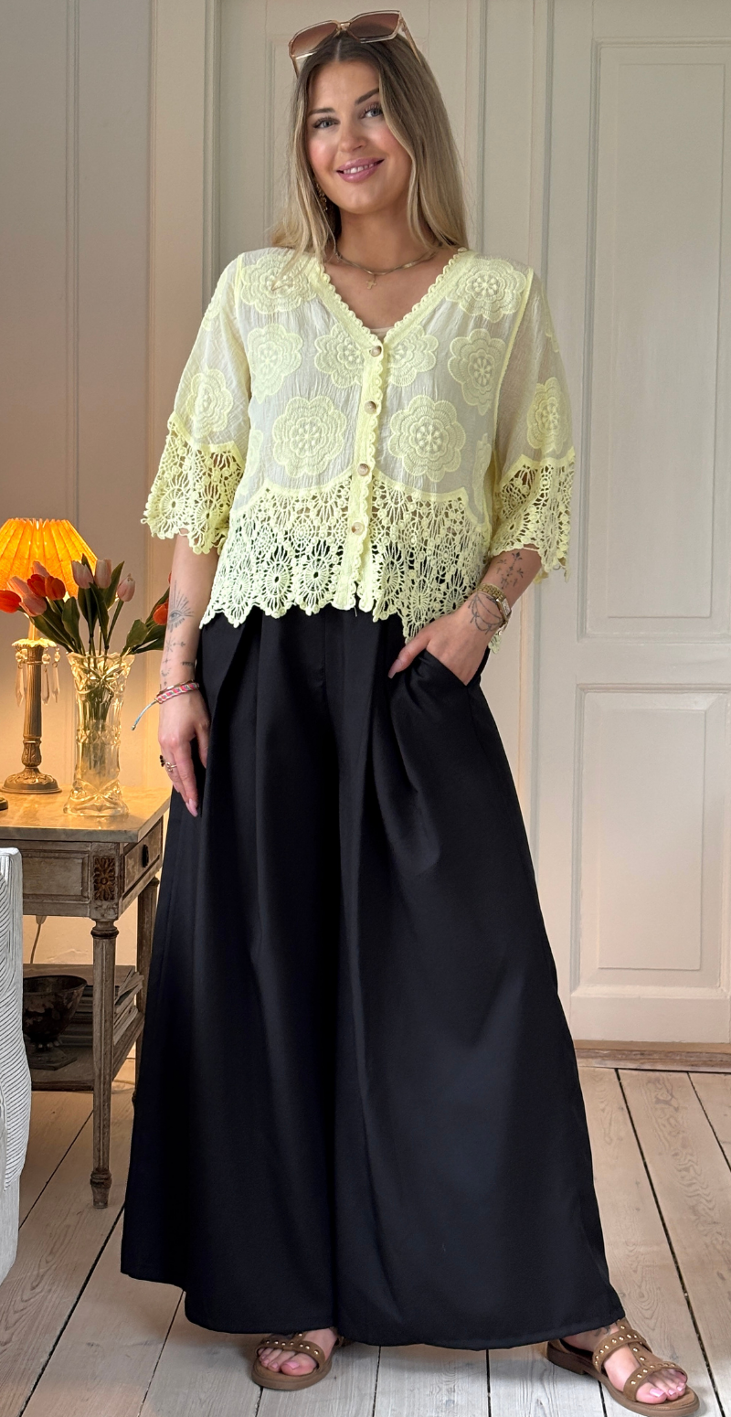 Silvia cardigan med 3/4 ærmer og hæklede kanter gul LikeLondon