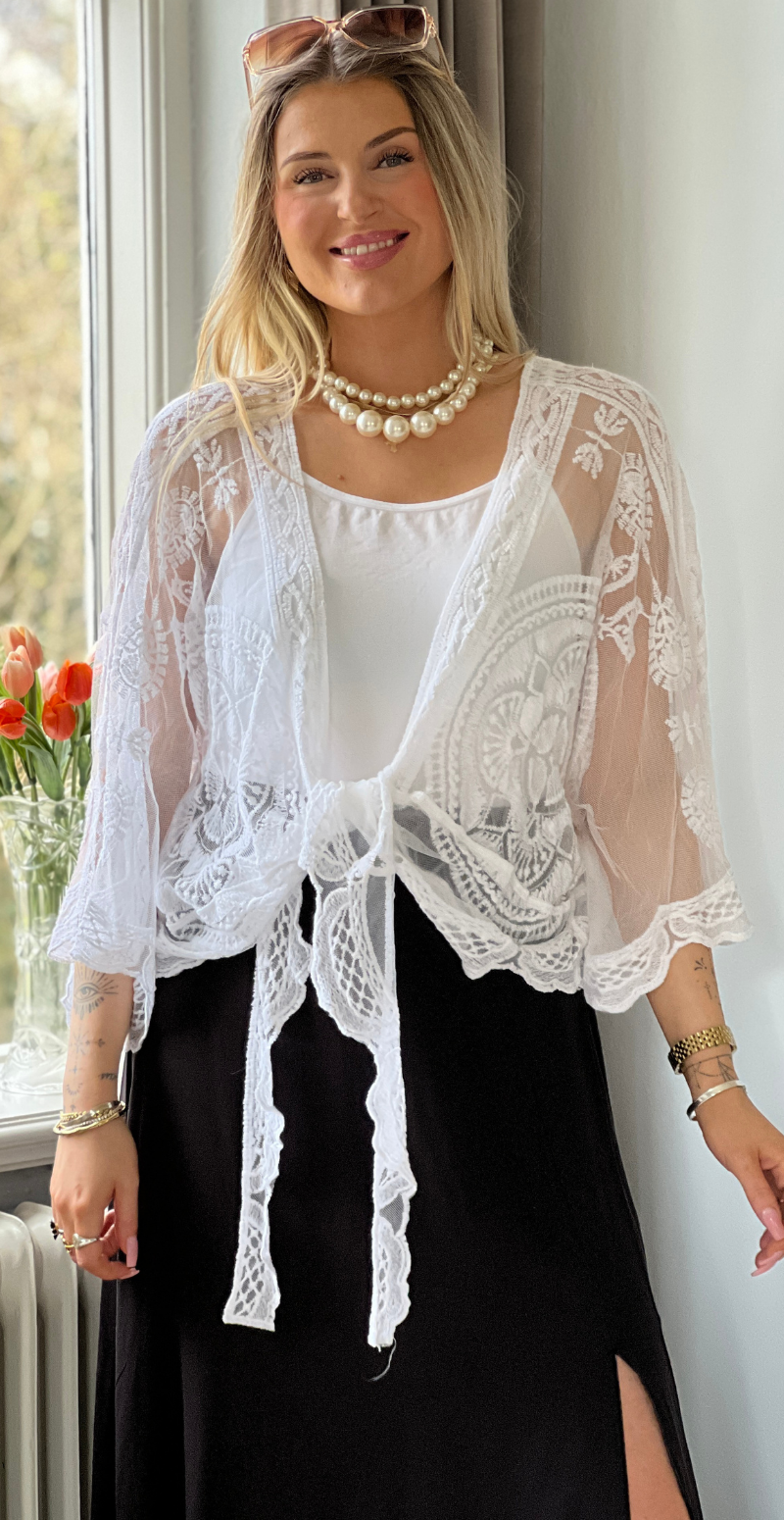 Norma blonde cardigan med bindebånd hvid LikeLondon