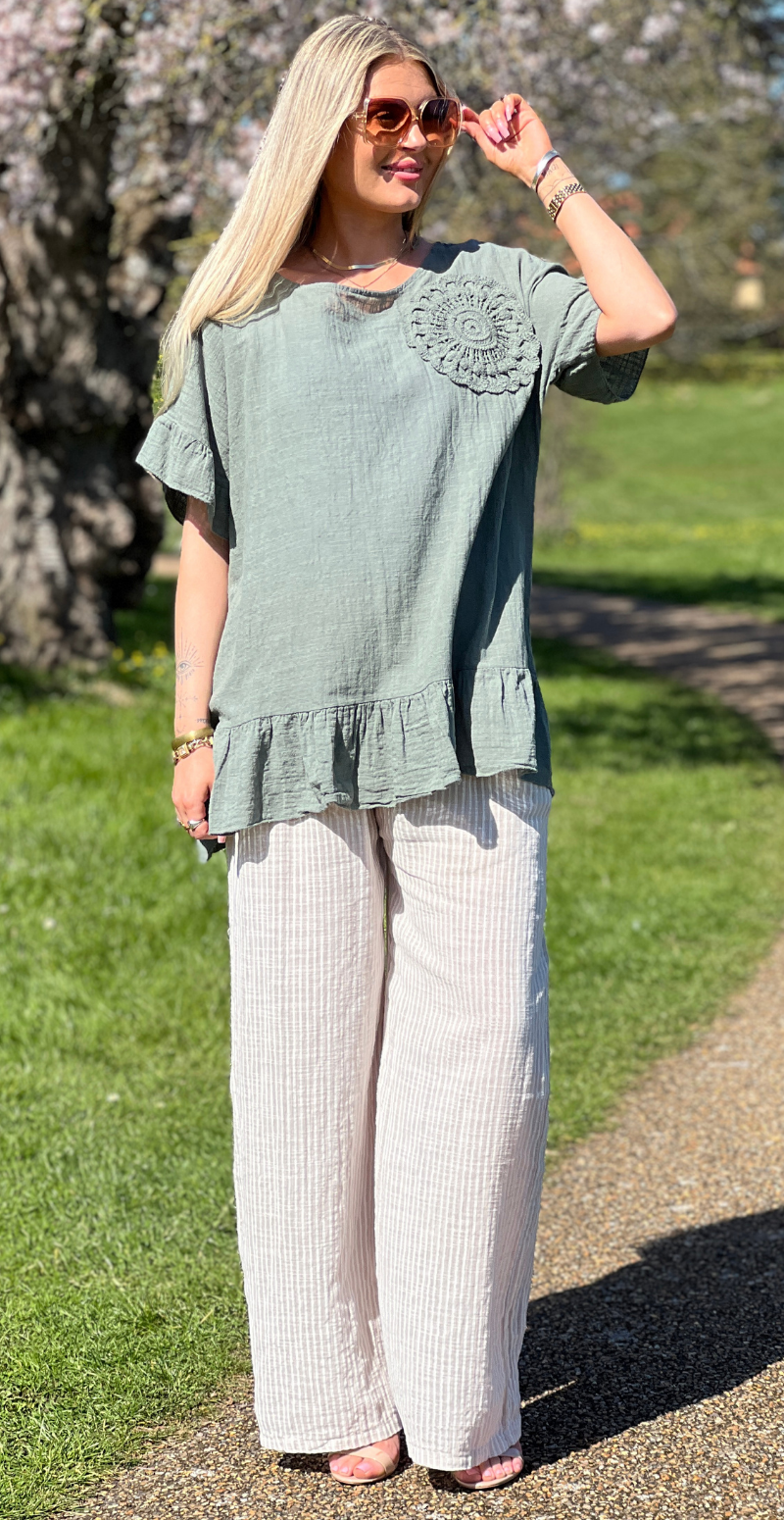 Carolina kortærmet bluse med peplum og hæklet blomst khaki LikeLondon