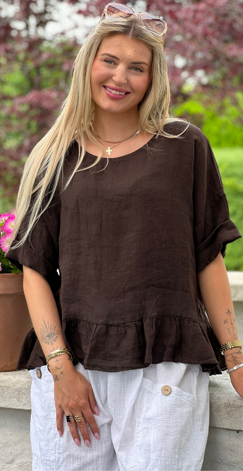 Freja hørbluse med peplum brun LikeLondon