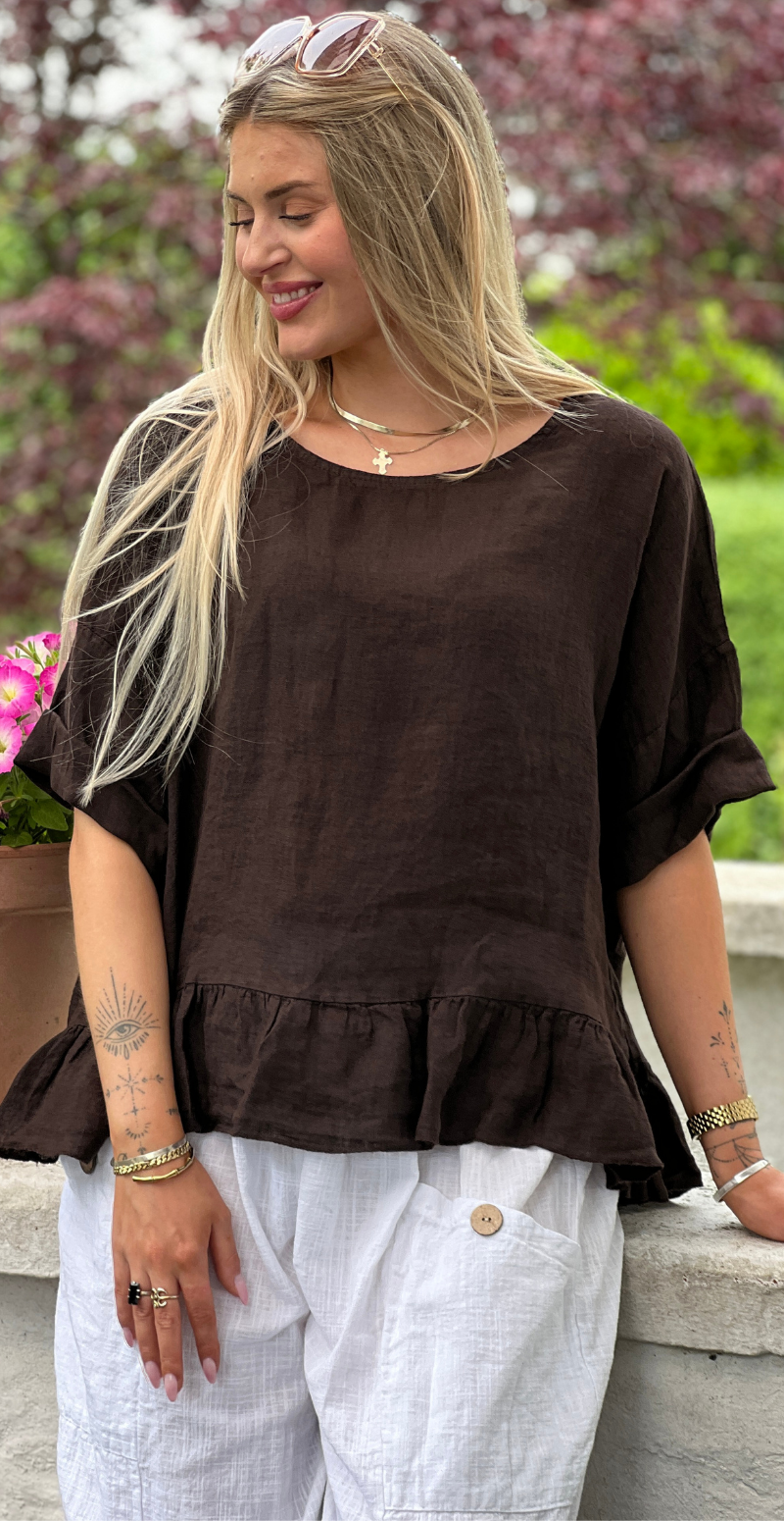 Freja hørbluse med peplum brun LikeLondon