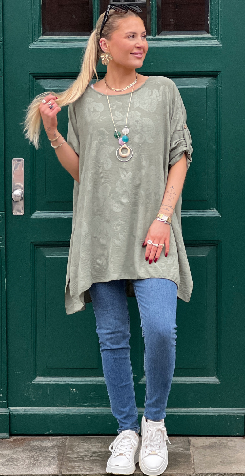 Amanda tunika med præget mønster og halskæde khaki LikeLondon
