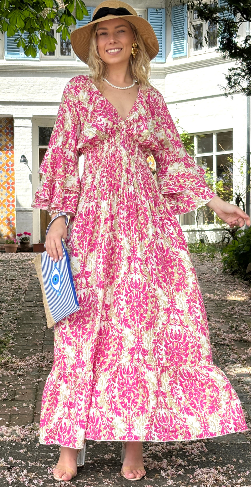 Esther lang mønstret kjole med smock i taljen og flæseærme pink LikeLondon