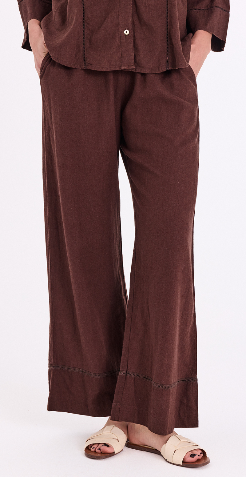 Laluna hørbukser med bindebånd og hulmønster på benet coffee bean Freequent