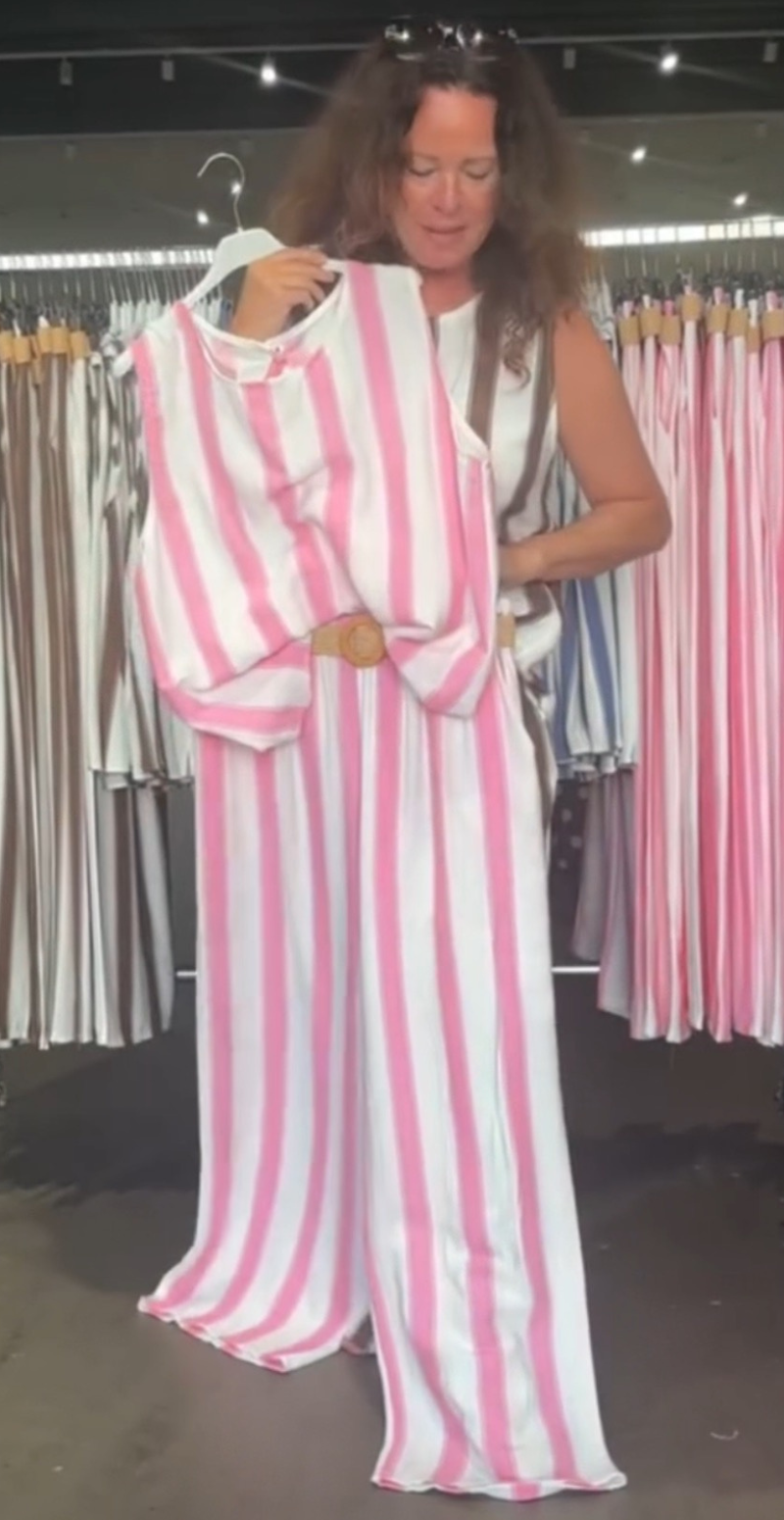 Cia sæt med brede striber bluse og bukser pink LikeLondon