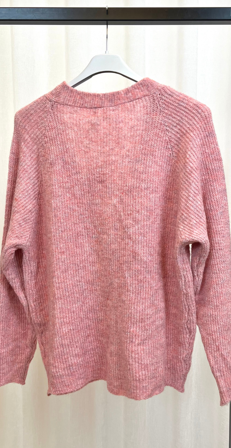 Zophia uldcardigan med V-hals og perlemorsknapper pink LikeLondon