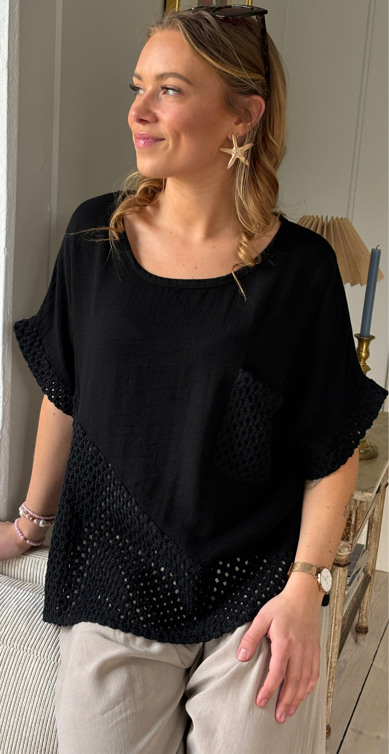 Gladys bluse med kort ærme og hæklede detaljer sort LikeLondon