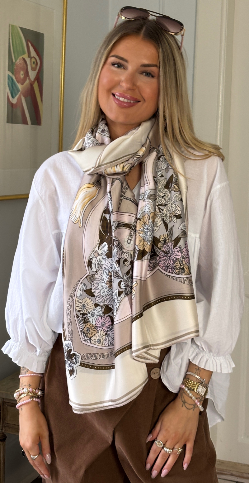 Tørklæde med blomster mønster og blade beige LikeLondon