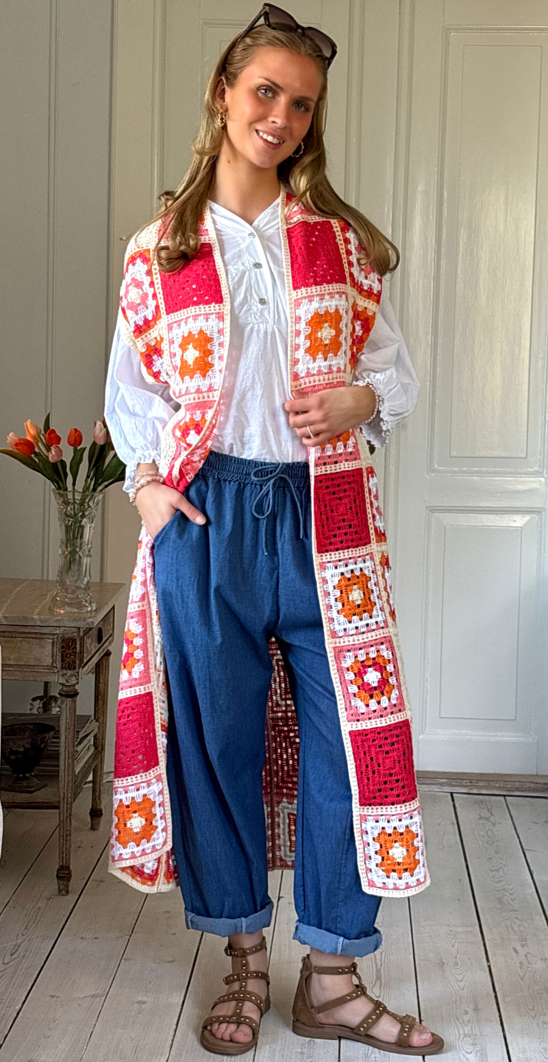 Macy lang hæklet patchwork cardigan orange LikeLondon