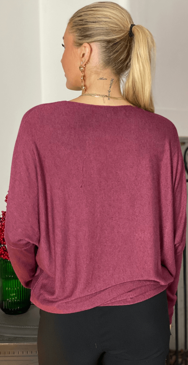 Madelene bluse med paillet hjerter bordeaux LikeLondon