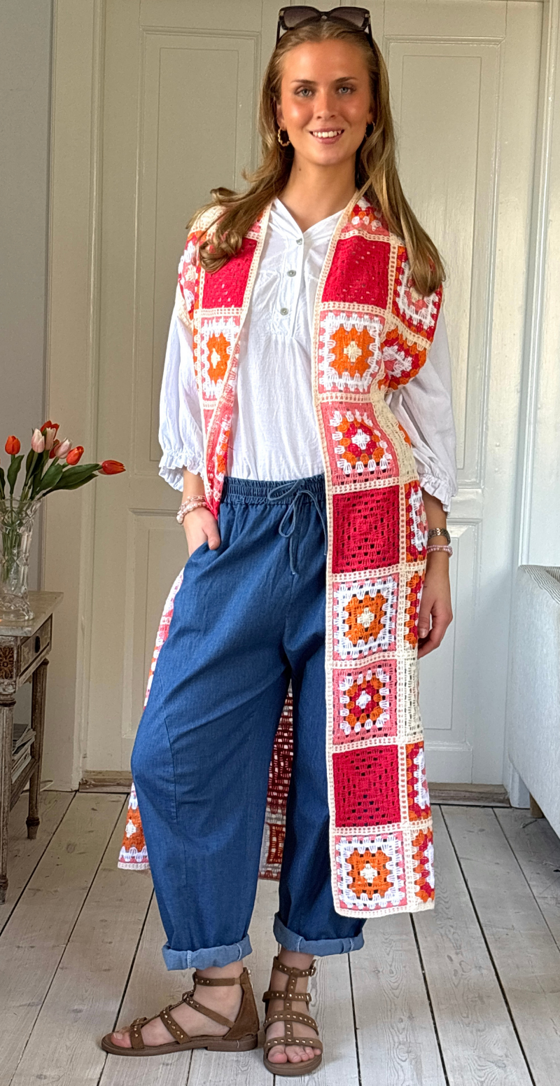 Macy lang hæklet patchwork cardigan orange LikeLondon