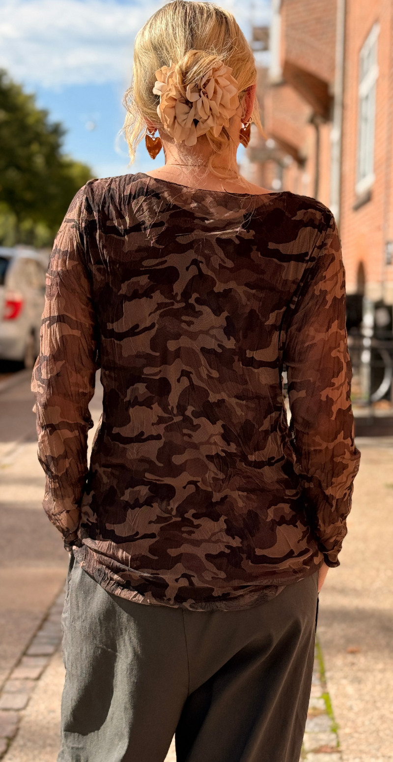 Sofie langærmet meshbluse med indertop fango camouflage LikeLondon