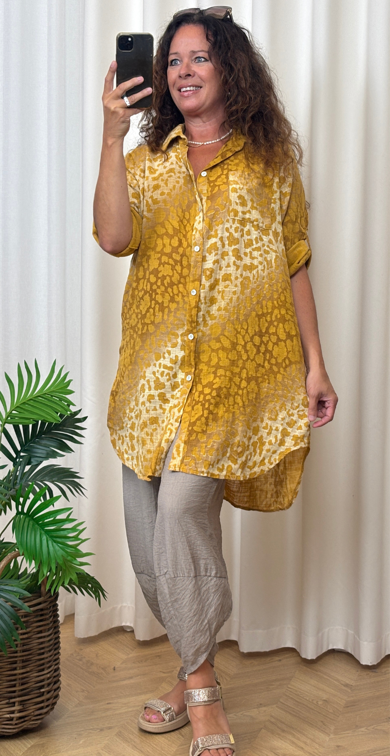Melanie tunika med leopardprint og lomme sennepsgul LikeLondon