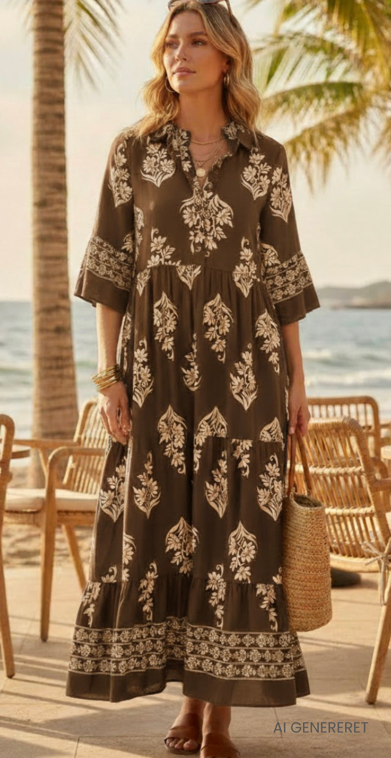 Forudbestil uge 28/29 Harper lang kjole med peplum og blomstermønster taupe LikeLondon