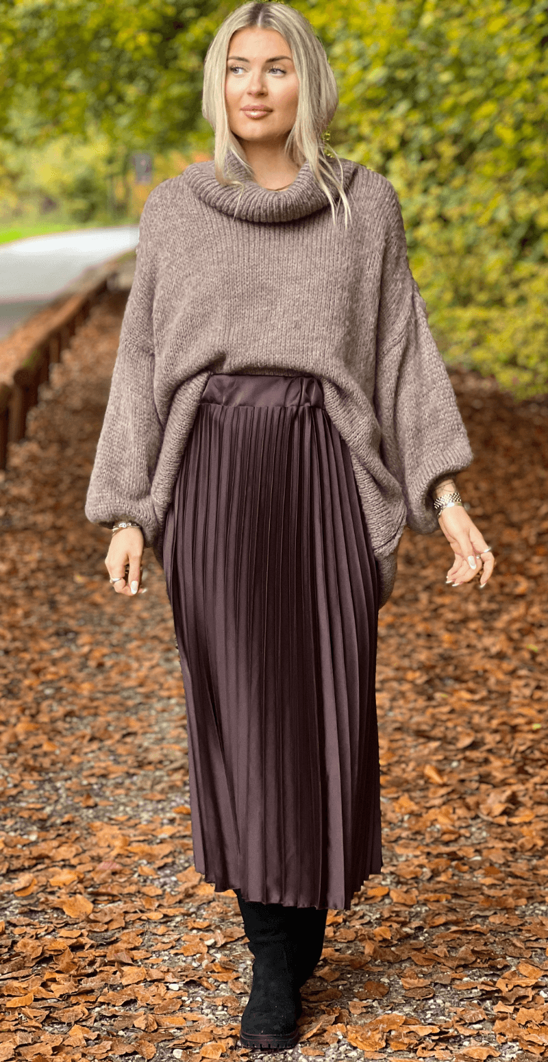 Camma plisseret satin nederdel brun LikeLondon