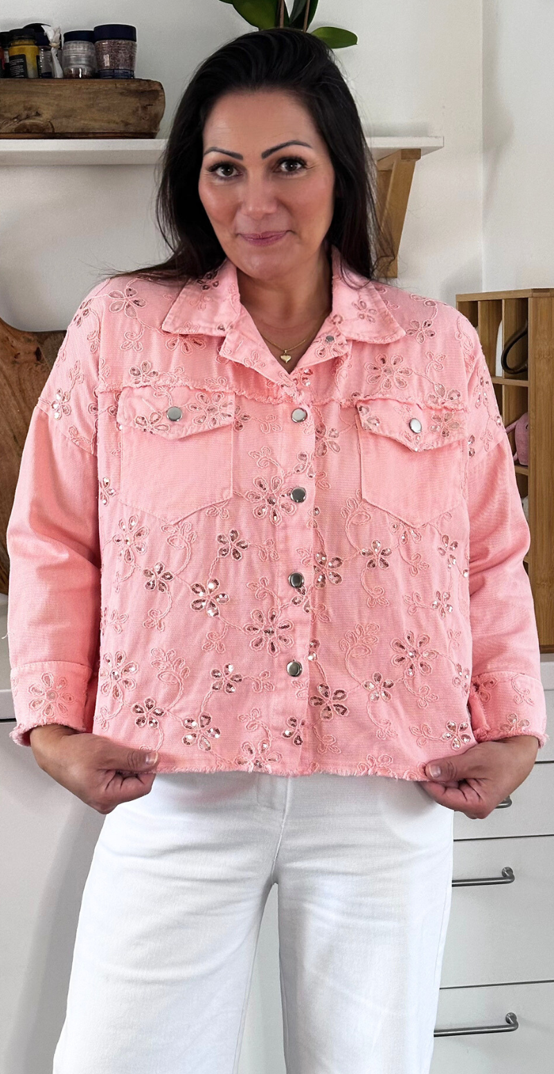 Laney canvas jakke med broderede blomster og pailletter pink LikeLondon By Christina