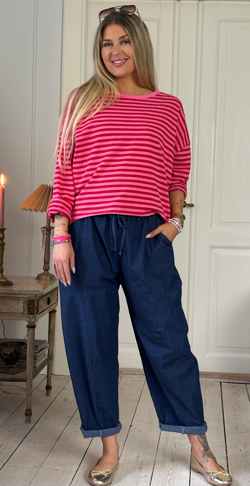Zenia bluse i oversized pasform med striber rød/pink LikeLondon