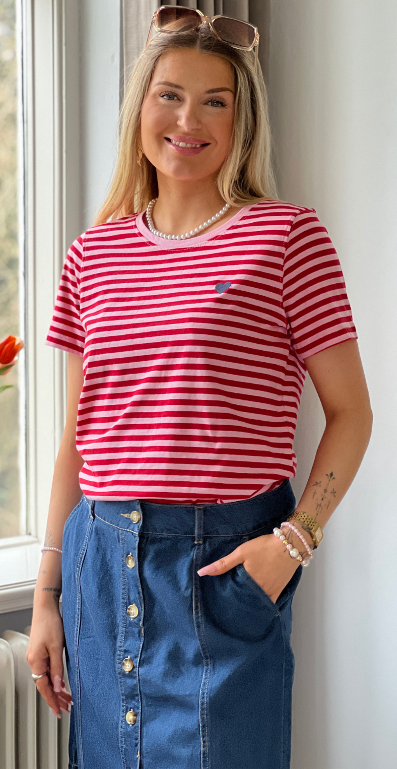 Mian bluse med striber sweet lilac w. true red Freequent