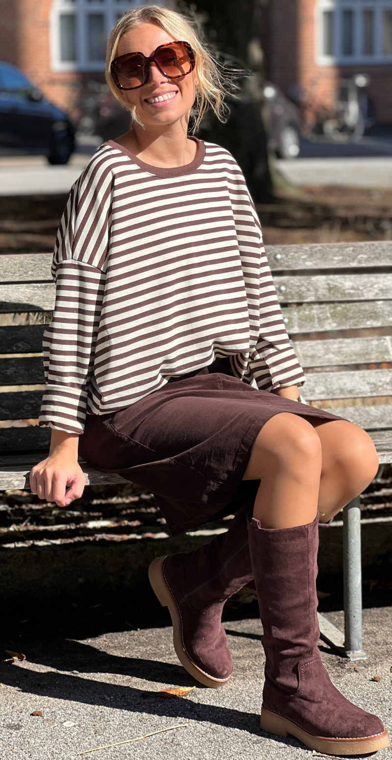 Zenia bluse med lange ærmer og striber old brown/cream LikeLondon