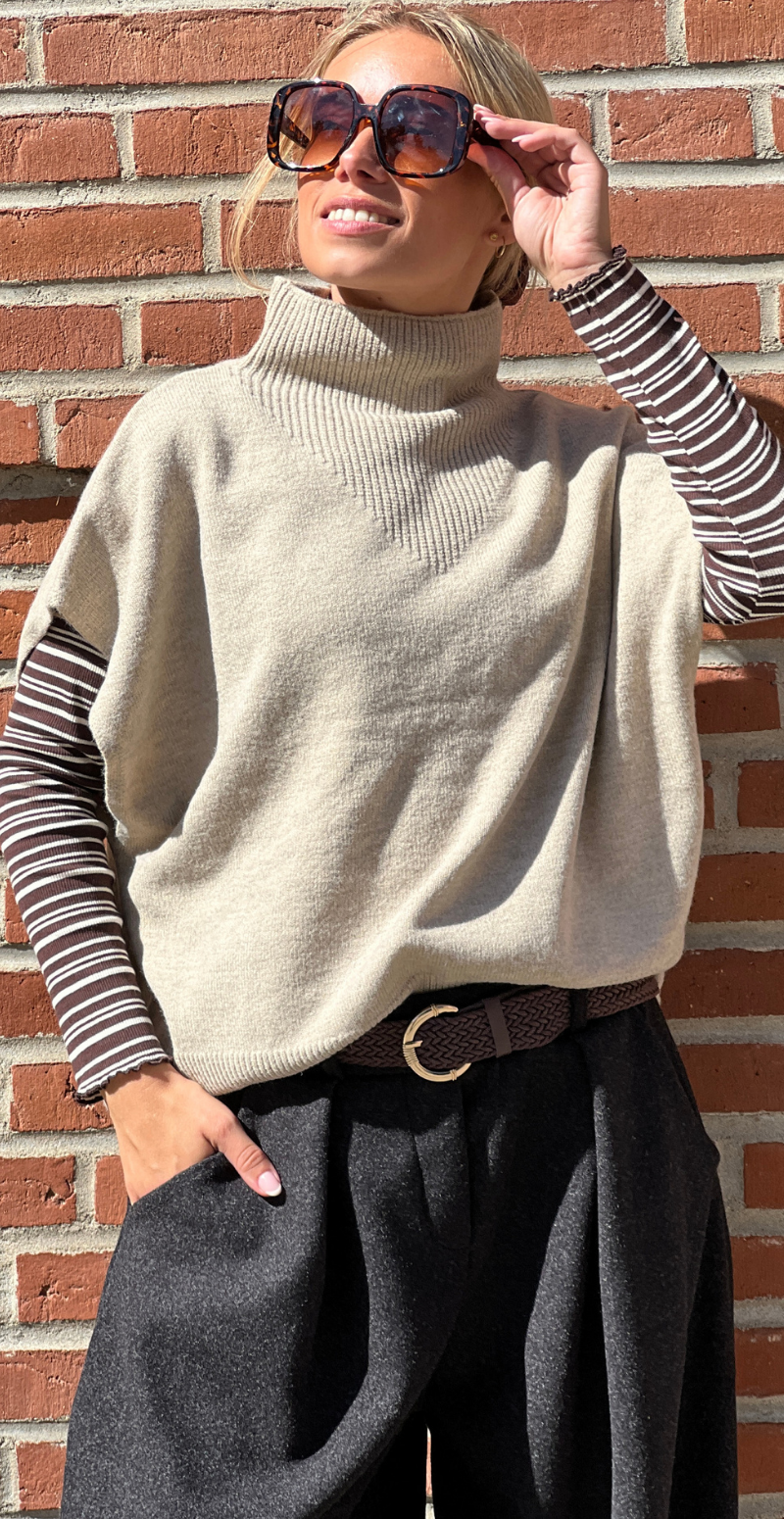 Escapsy strikket vest med høj hals Oyster Grey Melange Freequent