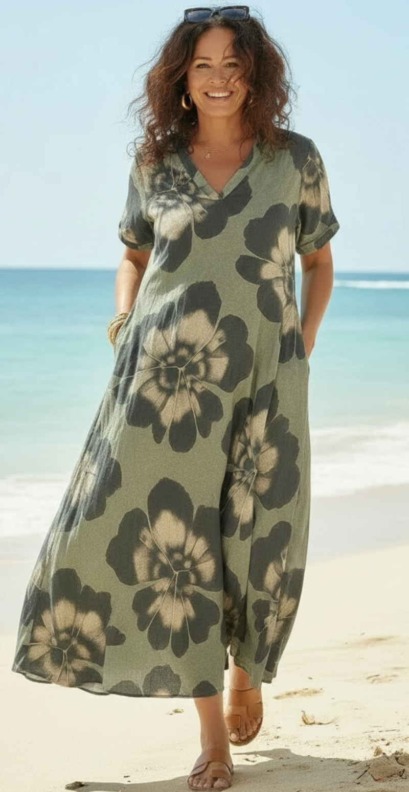 Vava kjole med store blomster khaki LikeLondon