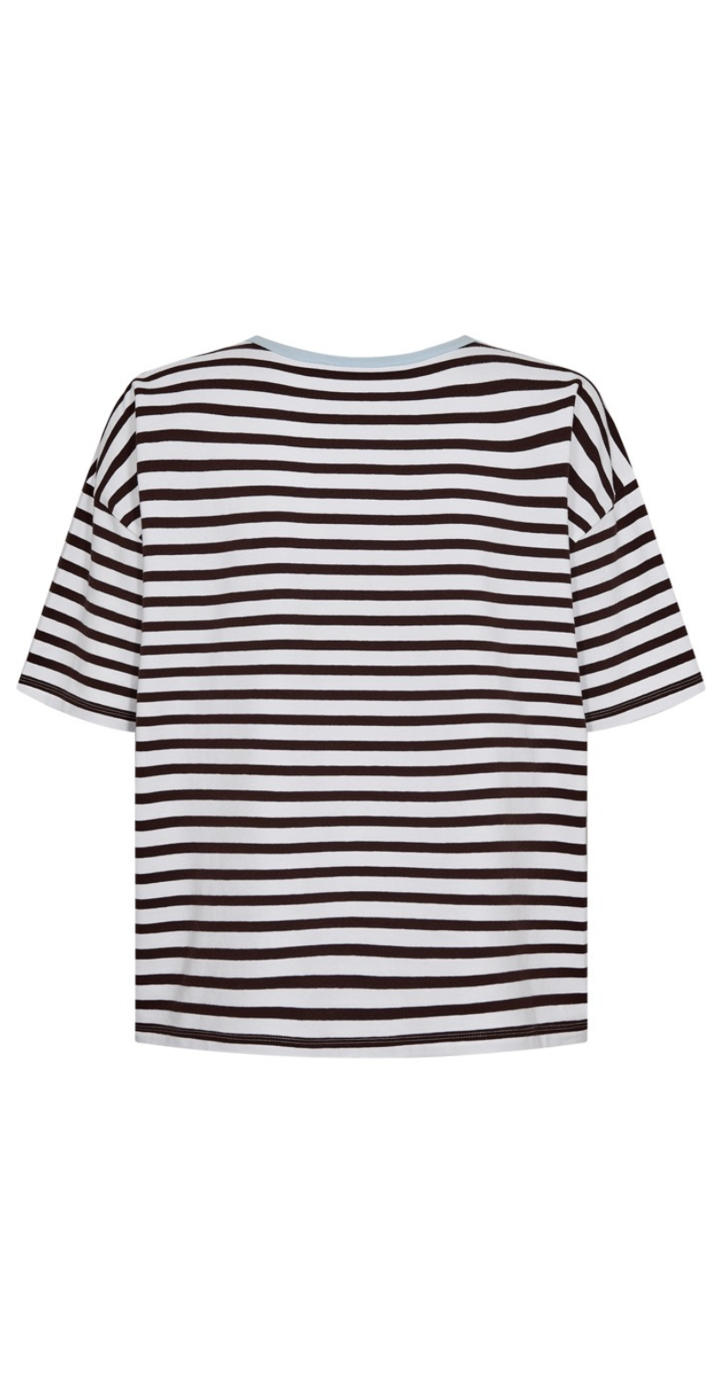 Fenjal t-shirt med striber og blomst brilliant white w. coffee bean Freequent