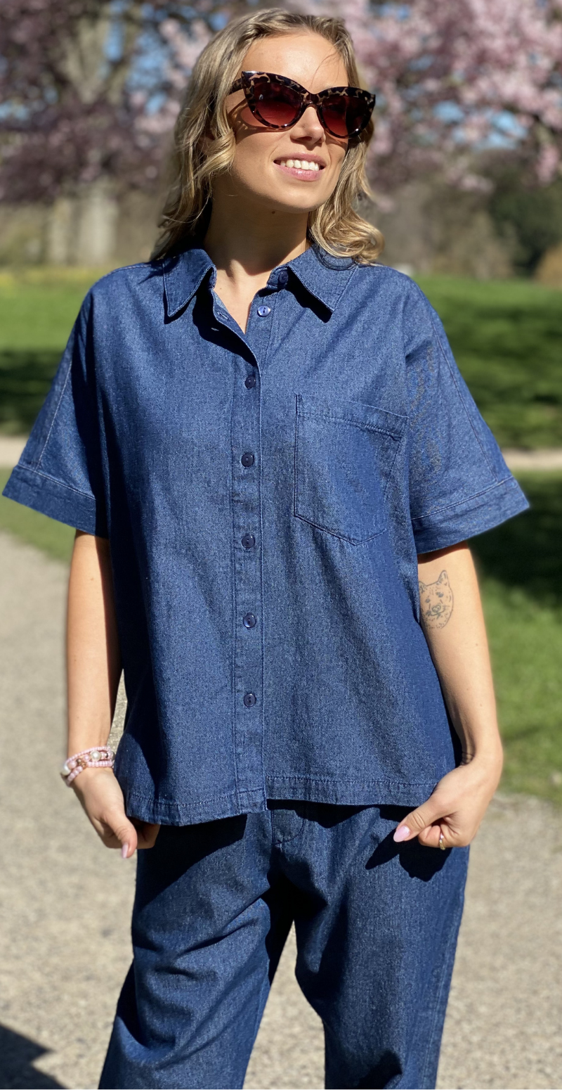 Esronda denimbluse med lomme dark blue denim Freequent