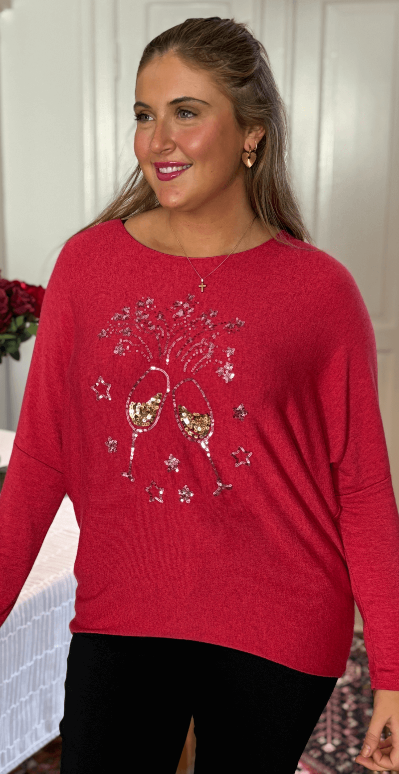 Madelene strikbluse med champagneglas i pailletter rød Likelondon
