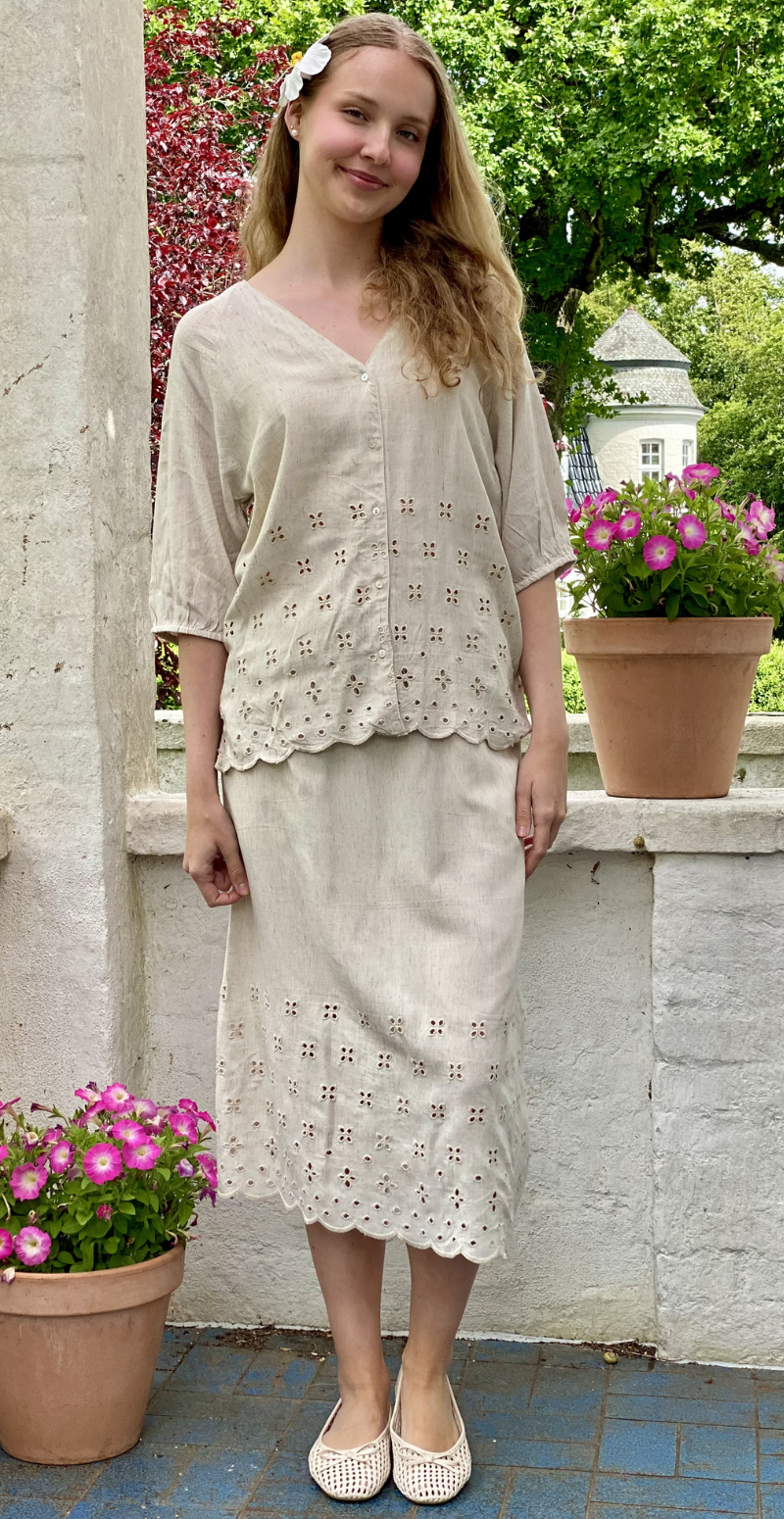 Linus hør nederdel med broderi anglaise moonbeam melange Freequent