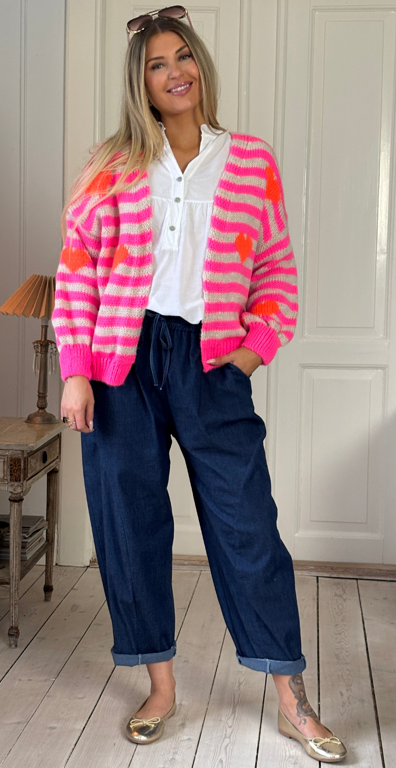 Marlene strik cardigan med striber og hjerter pink LikeLondon
