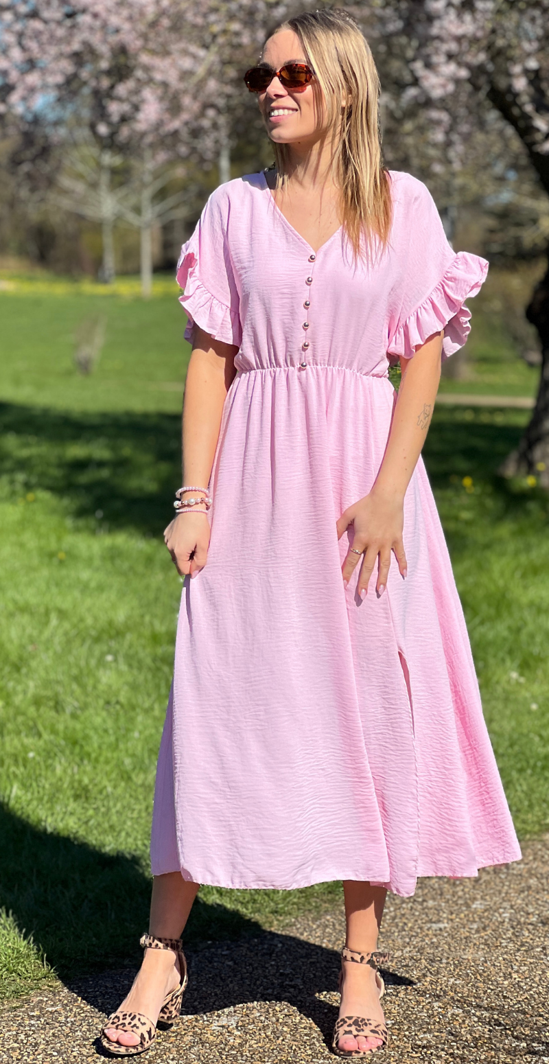 Cordelia kjole med guldknapper og bælte i taljen rosa LikeLondon