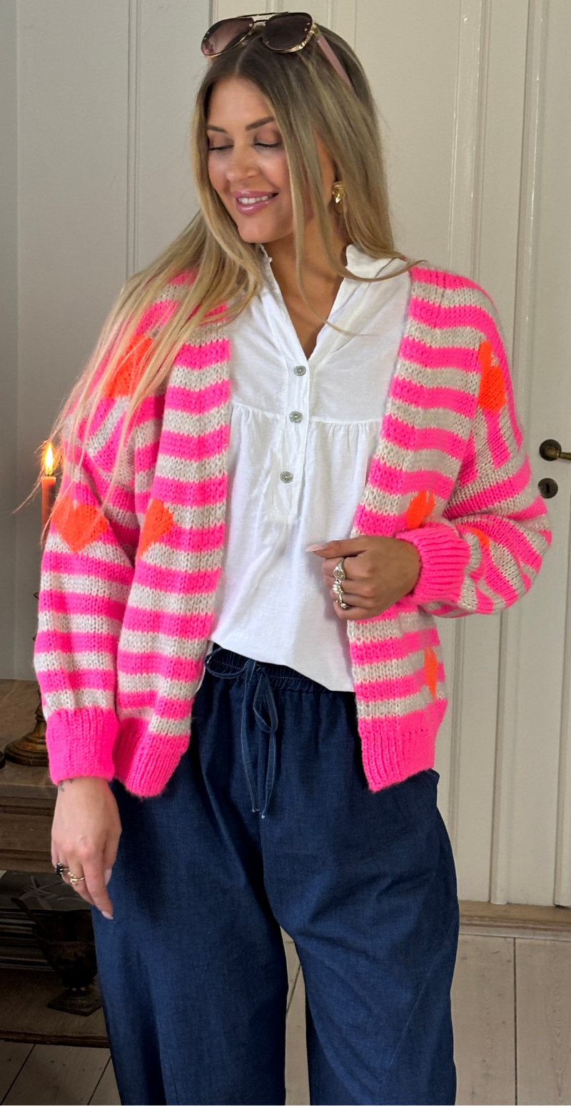 Forudbestil uge 10 Marlene strik cardigan med striber og hjerter pink LikeLondon