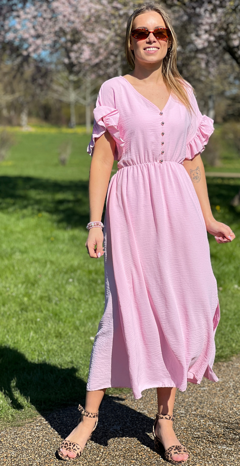 Cordelia kjole med guldknapper og bælte i taljen rosa LikeLondon