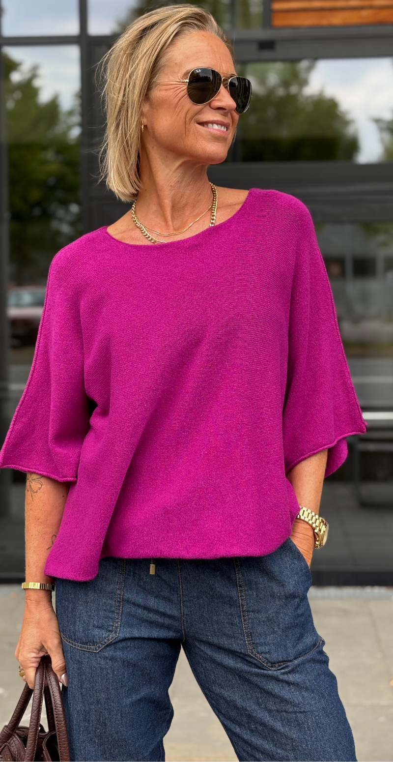 Elva strikbluse med vidde og 3/4 ærmer magenta LikeLondon
