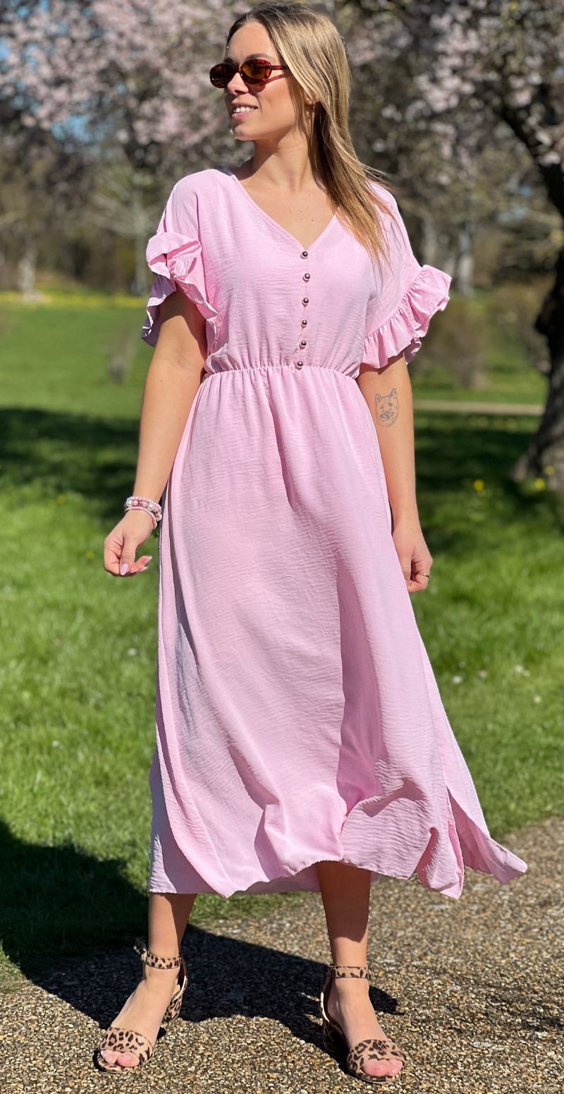 Cordelia kjole med guldknapper og bælte i taljen rosa LikeLondon