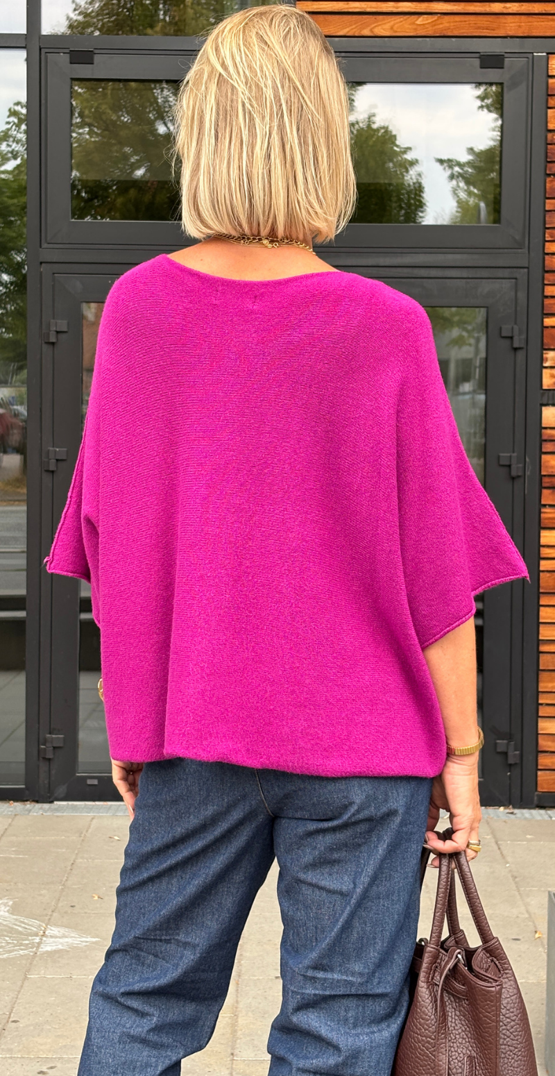Elva strikbluse med vidde og 3/4 ærmer magenta LikeLondon