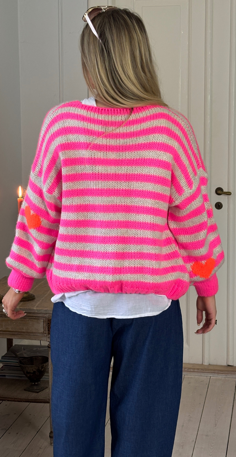 Marlene strik cardigan med striber og hjerter pink LikeLondon