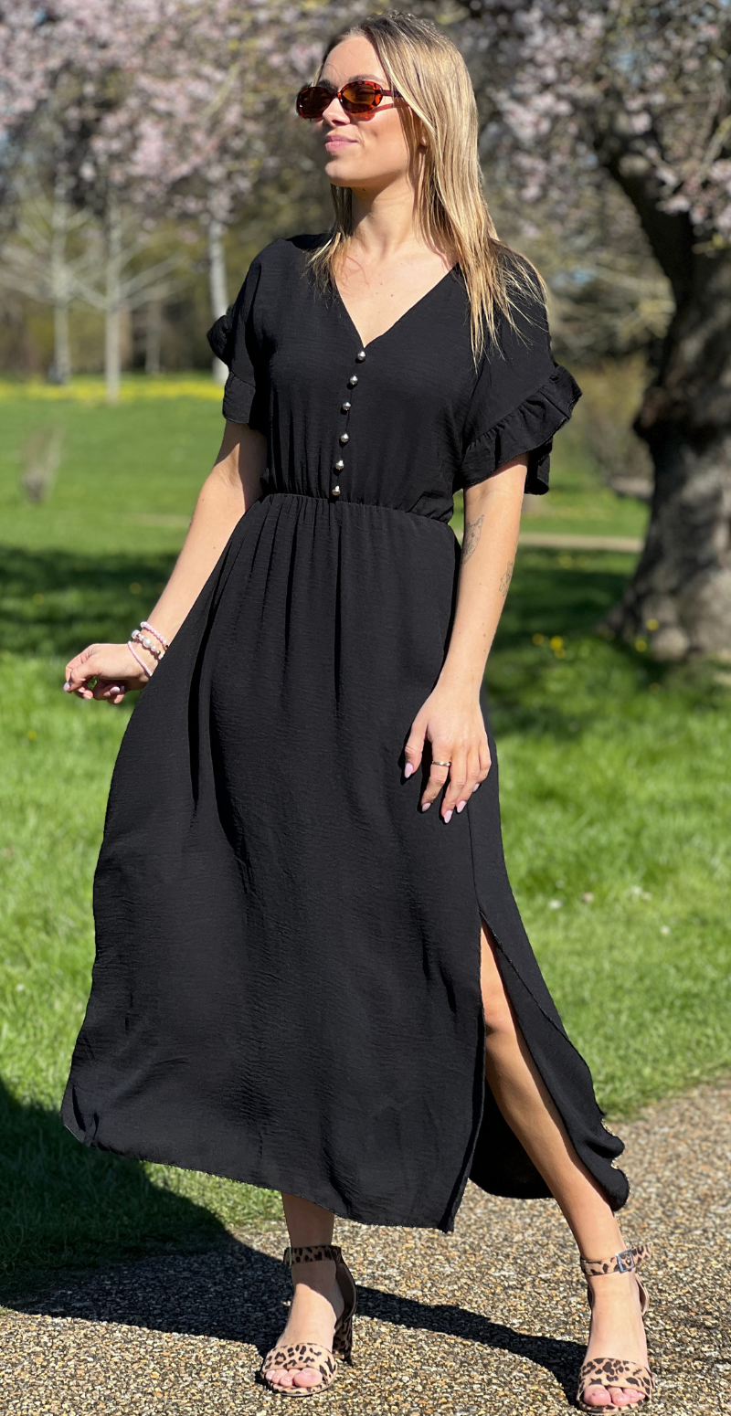 Cordelia kjole med guldknapper og bælte i taljen sort LikeLondon