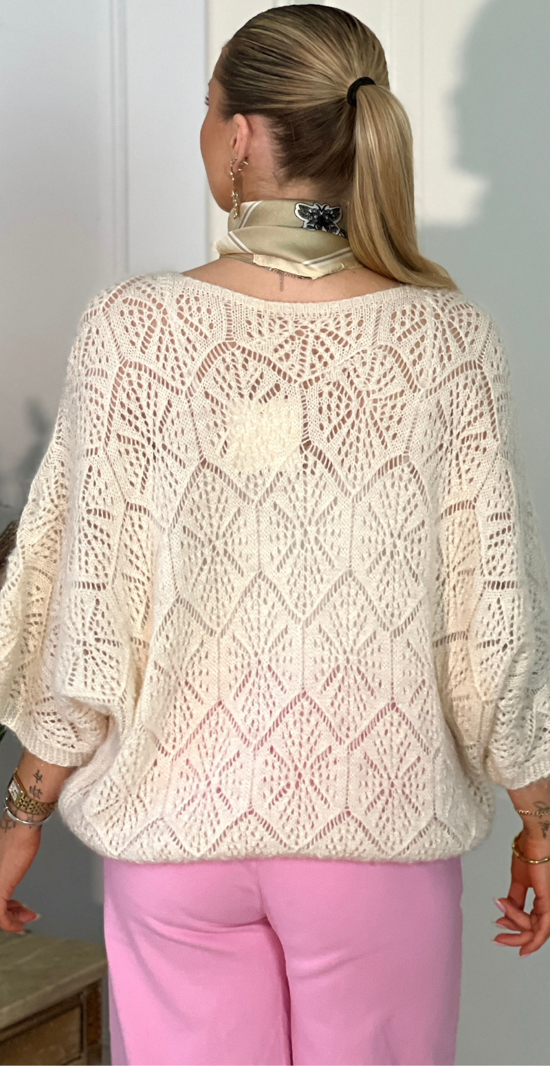 Gamma strikbluse med hulmønster creme LikeLondon