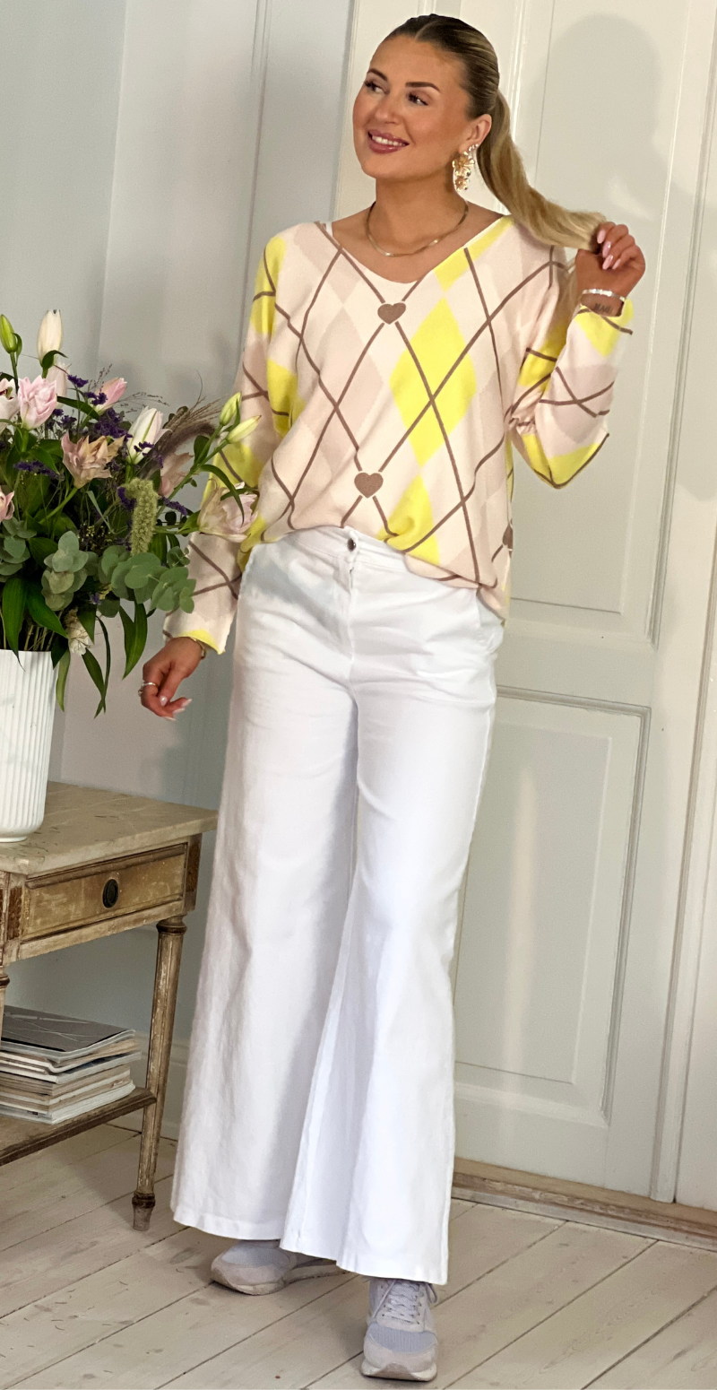 Marley strik med harlekin mønster og hjerter gul LikeLondon