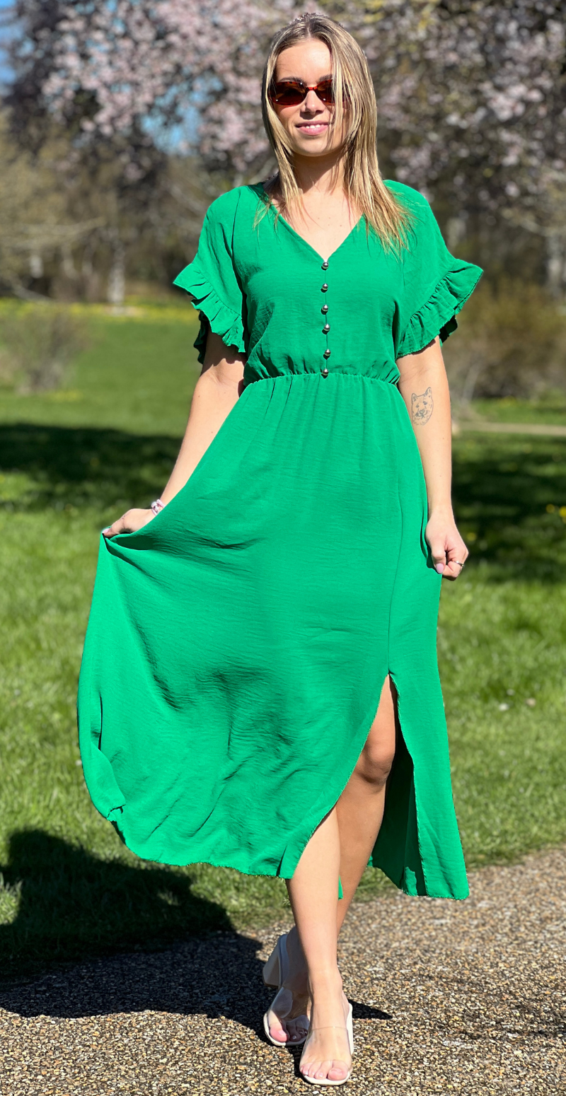 Cordelia kjole med guldknapper og bælte i taljen grøn LikeLondon